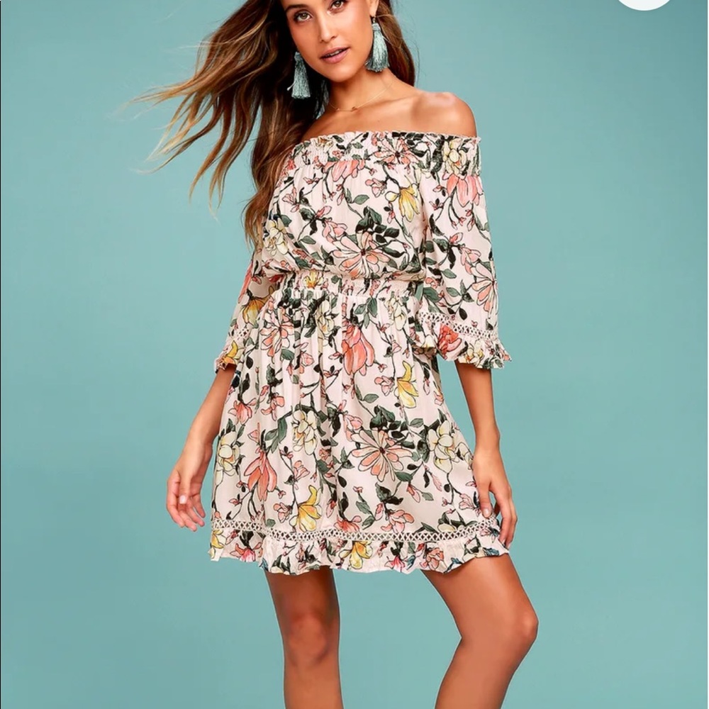 Lulu’s Hello, Darling Blush Pink Floral Print Off-the-Shoulder Dress Size S
